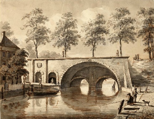 Het Kleine Poortje in Groningen, waarbuiten Luitje is geboren. De waterbogen zijn in 1838 afgebroken, de poort in 1875. (tekening van J. Ensing)