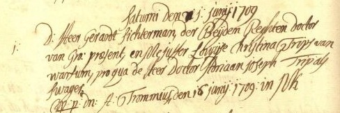 Groningen, 16 juni 1709 trouwakte Gerrit Sichterman en Louisa  ChristinaTrip