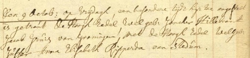 Stedum, 9 oktober 1696. Huwelijk Hillebrand Jacob Gruijs en Anna Elisabeth Ripperda