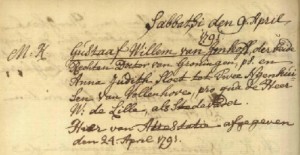 Ondertrouw Gustaaf Willem van Imhoff en Anna Judith Sloet tot Twee Nijenhuizen, Martinikerk Groningen 9 april 1791