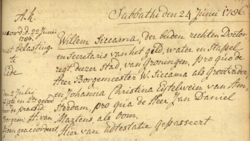 Huwelijk Hora Siccama en  Groningen 24 juni 1786