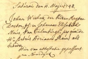 Groningen, huwelijk Johan Meurs en Johanna Elisabeth Meurs. Getuige was de broer van Elisabeth, Petrus Adriaan Meurs
