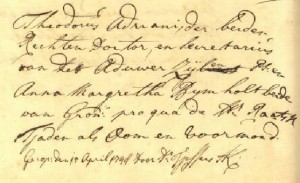 Groningen 16 april 1748, huwelijk Theodorus Adriani en Anna Margareta Bijmholt