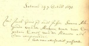 Groningen, 7 oktober 1671, huwelijk Jacob Gruijs en Swana Alegona van der Merwede