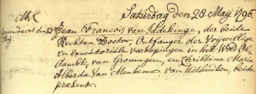 Groningen 28-05-1796, huwelijksakte Jean Francois van Iddekinge en Christina Maria Alberda