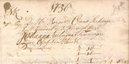 Overlijden Onno Sickinghe 30 augustus 1756 (uit het register van de opbrengsten uit de verhuur van lijklakens Nieuwe Kerk)