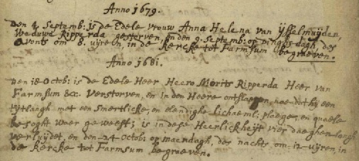 Akte kerkelijke gemeente Weiwerd. 4 september 1679, het overlijden van de moeder van Hero, Anna Helena van Isselmuden. 18 oktober 1681, het overlijden van Hero Maurits Ripperda.
