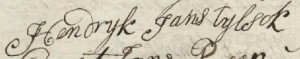 Handtekening van Hendrik Jans Meijer op 22 mei 1813. Hij tekent hier nog met de familienaam "Tilstok". Tijdens de registratie van de geboorte van zijn dochter Frederika wordt op deze dag Tilstok gewijzigd in Meijer.