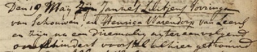 Warfhuizen, 19 mei 1782. Ondertrouw Jannes Luitjes Torringa en Hendrica Warendorp