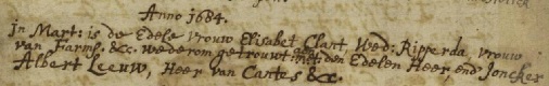 Weiwerd, maart 1684. Huwelijk Elisabeth Clant en Albert Lewe.